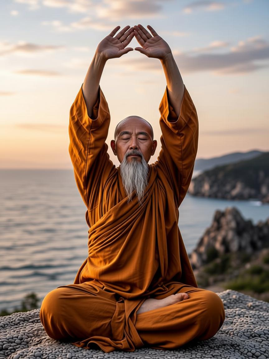 Master Tenzin drawing lazy backward shoulder circles, the Temple Bell Shoulders