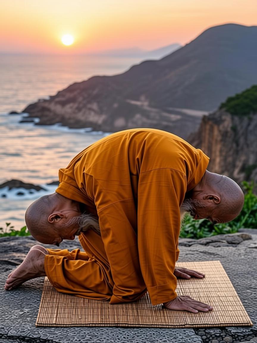 Master Tenzin flowing through a breath-led spinal wave, the Prayer Spine Wave