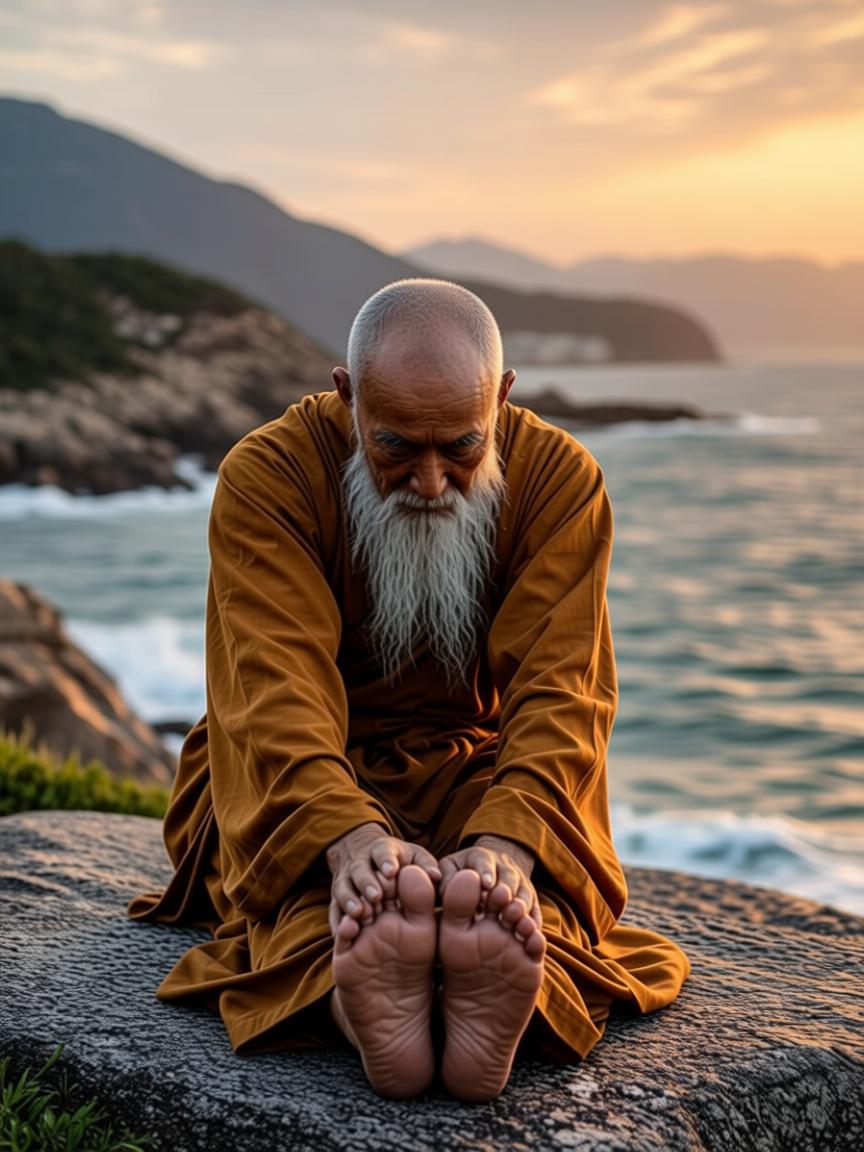 Master Tenzin pouring forward into a patient hamstring stretch, the River Bend